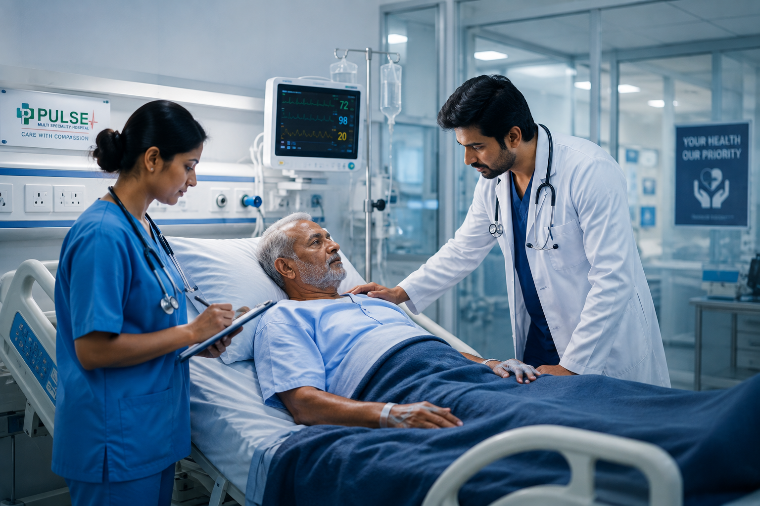 Doctor and nurse attending to a patient at Pulse Multi Speciality Hospital